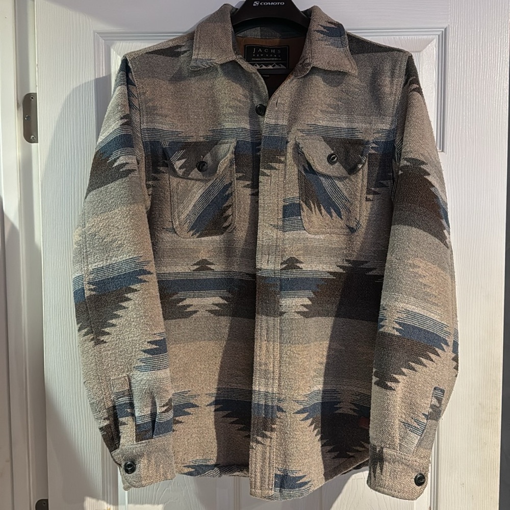 Jachs New York Shacket Medium Grey+Blue Aztec Print Wool Blend Shirt Jacket